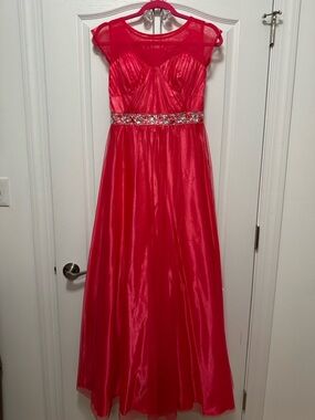 Reign Hot Pink Satin Prom Gown with Jeweled Waist